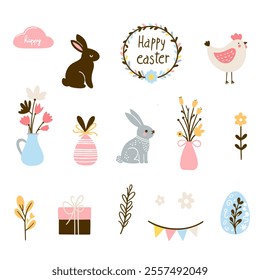 Cute Easter set with rabbits, birds, painted eggs and a basket. Adorable Easter bunny with traditional holiday decor.