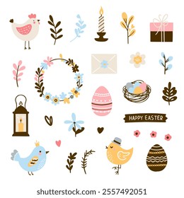 Cute Easter set with rabbits, birds, painted eggs and a basket. Adorable Easter bunny with traditional holiday decor.