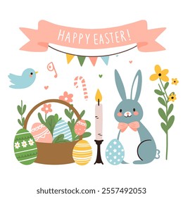 Cute Easter set with rabbits, birds, painted eggs and a basket. Adorable Easter bunny with traditional holiday decor.