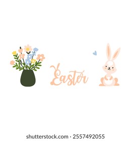 Cute Easter set with rabbits, birds, painted eggs and a basket. Adorable Easter bunny with traditional holiday decor.