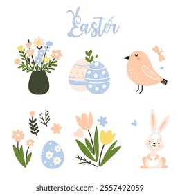 Cute Easter set with rabbits, birds, painted eggs and a basket. Adorable Easter bunny with traditional holiday decor.