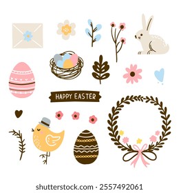 Cute Easter set with rabbits, birds, painted eggs and a basket. Adorable Easter bunny with traditional holiday decor.