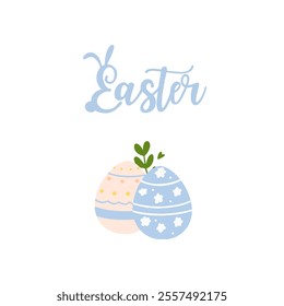 Cute Easter set with rabbits, birds, painted eggs and a basket. Adorable Easter bunny with traditional holiday decor.