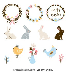 Cute Easter set with rabbits, birds, painted eggs and a basket. Adorable Easter bunny with traditional holiday decor.