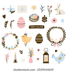 Cute Easter set with rabbits, birds, painted eggs and a basket. Adorable Easter bunny with traditional holiday decor.