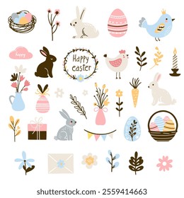 Cute Easter set with rabbits, birds, painted eggs and a basket. Adorable Easter bunny with traditional holiday decor.