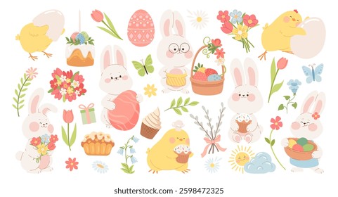 Cute Easter set with rabbits and chicks. Spring collection of animals, eggs, flowers, decorations. Bunny and baby chicken characters. For greeting cards, stickers, social media, posters, and banners.