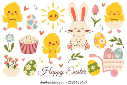 Cute Easter set. Smiling bunny chicks, Easter eggs, Flowers, Sun, festive Cupcake, decorative Wheelbarrow. Happy Easter inscription. Bright composition for spring design, greeting cards, decorations.