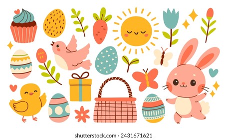 Cute Easter set. Spring collection of animals, flowers and decorations. For poster, card, scrapbooking , stickers