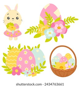 Lindo conjunto de Pascua. Colección de primavera de animales, huevos de Pascua, flores y decoraciones. Para póster, tarjeta, scrapbooking , pegatinas
