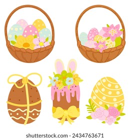 Cute Easter set. Spring collection of Easter eggs, cakes, flowers and decorations. For poster, card, scrapbooking , stickers