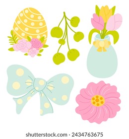 Cute Easter set. Spring collection of Easter eggs, flowers and decorations. For poster, card, scrapbooking , stickers