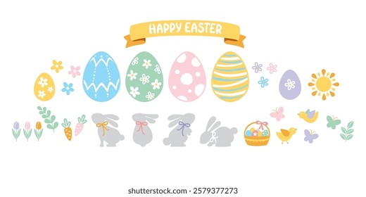 Cute Easter set. Spring collection of bunnies, flowers and decorations. For posters, cards, stickers, textiles.