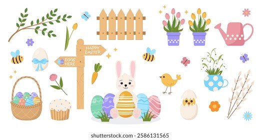 Cute Easter set. Spring collection of animals, flowers and decorations. Design for poster, card, scrapbooking , stickers. Vector illustration