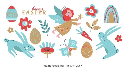 Cute Easter set. Spring collection of animals, angel, flowers and decorations. For  card, poster, scrapbooking, stickers.