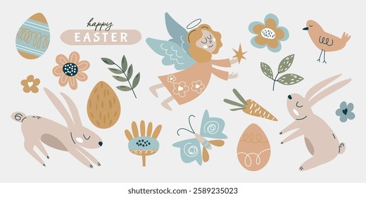 Cute Easter set. Spring collection of animals, angel, flowers and decorations. For card, poster, scrapbooking, stickers.	