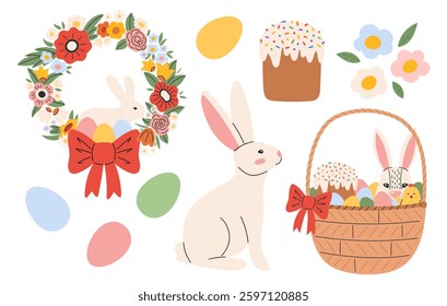 Cute Easter set. Spring collection with rabbits, flowers wreath, painted egg, basket. Vector illustration in flat hand drawn style 