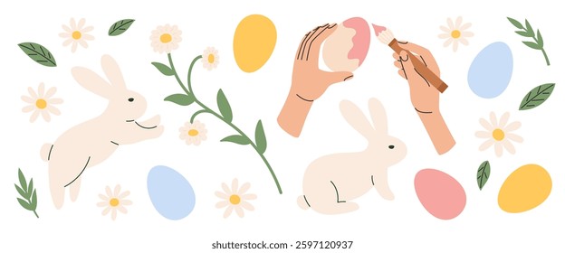 Cute Easter set. Spring collection with rabbits, flowers, eggs. Vector illustration in flat hand drawn style 