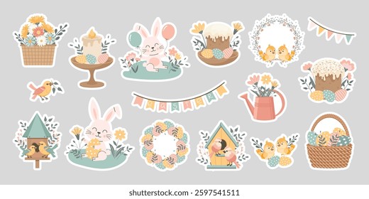 Cute Easter set. Spring collection of animals, birds, flowers and seasonal decorations. Design for greeting cards, posters, scrapbooking, stickers. Illustration in flat style.