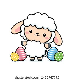 Cute Easter Sheep Character With Eggs