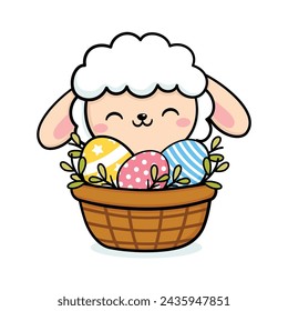 Cute Easter Sheep Character With Eggs In A Basket