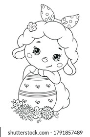 Cute Easter Sheep with egg Coloring Page. Black and white cartoon illustration