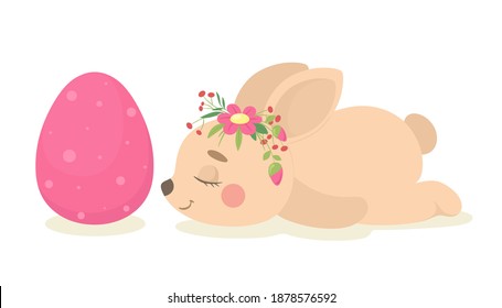 Cute easter sleeping bunny next to an easter egg. Vector illustration.