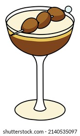 Cute Easter special milk chocolate creamy cocktail mocktail decorated with sweet eggs. Doodle cartoon vector illustration isolated on white. For cards, cocktail party poster, invitation