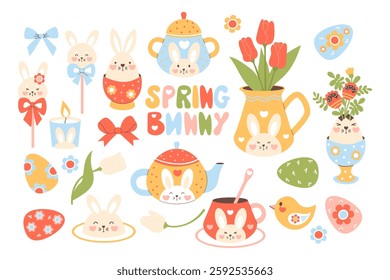 Cute Easter spring bunny decoration clipart. Isolated holiday tableware teapot, cups, sugar bowl, jug with bouquet tulips with rabbit decor, paschal egg, festive party elements. Vector illustration