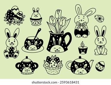 Cute Easter spring bunny decoration doodle. Isolated holiday tableware teapot, cups, sugar bowl, jug with bouquet tulips with rabbit decor, paschal eggs. Vector illustration