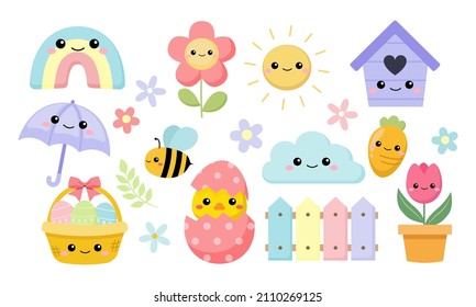 Cute Easter spring collection clipart. Flat vector cartoon design