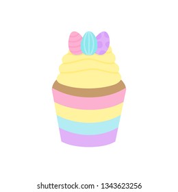 Cute Easter, spring cupcake vector illustration. Cupcake decorated with vanilla frosting and sugar easter eggs. Isolated.