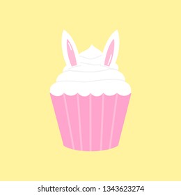 Cute Easter, spring cupcake vector illustration. Easter bunny cupcake, decorated with white frosting and rabbit ears. Isolated on yellow background.