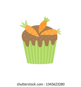 Cute Easter, spring cupcake vector illustration. Chocolate carrot cupcake. Isolated.