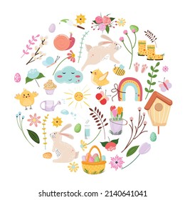 Cute Easter spring elements. Hand drawn colorful circle pattern with eggs, cute birds, bunnies, flowers, rainbows. Flat design elements in circle for Easter. For any decorative projects.