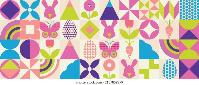 Cute easter and spring flower geometric and mosaic pattern background vector.