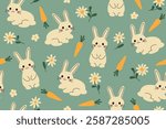 cute easter, spring seamless pattern with bunnies, daisies and carrots; great for wrapping, greeting cards, social media graphics- vector illustration