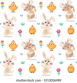 Cute Easter spring seamless pattern with Bunnies and Chickens. Happy Easter seamless pattern.
