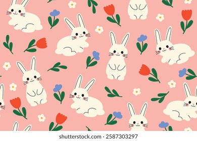 cute easter, spring seamless pattern with bunnies and flowers; great for wrapping, greeting cards, social media graphics- vector illustration