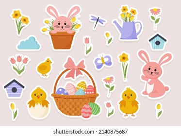 Cute Easter spring sticker set. Vector cartoon style illustration. Eps10