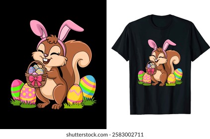 Cute Easter Squirrel Bunny Ears With Colorful Eggs Clipart TShirt