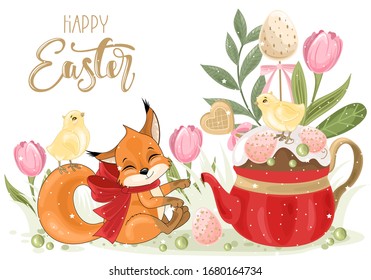 Cute Easter Squirrel with a hand-drawn phrase "Happy Easter". Easter eggs, branches with leaves,
 flowers. Calligraphy brush for invitation and greeting card.
