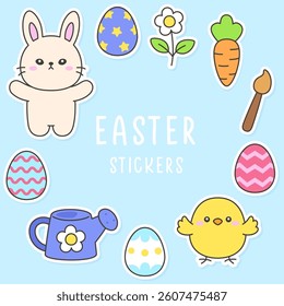 Cute Easter Sticker Set with Bunny, Chicks, Painted Eggs, and Spring Elements on Light Blue Background
