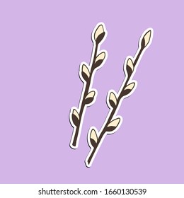 Cute Easter stickers. Spring colorful sprigs of willow. Isolated icon on color background. Vector cartoon illustration. Hand drawn design, doodle style. Branch with willow buds.