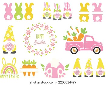Cute Easter Svg Bundle. Easter gnomes vector illustration isolated on white background. Easter clipart - carrot truck, bunny split, floral sign, rainbow, bunny tail. Spring kids shirt design svg