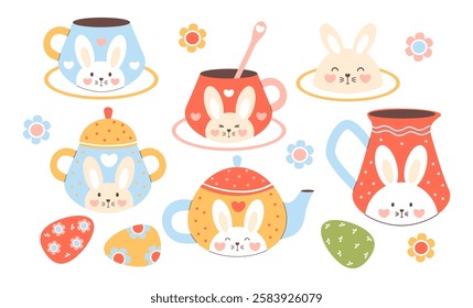 Cute Easter Tableware Set Decorated With Funny Bunny and paschal Eggs. Isolated Festive Items on White Background. Vector Flat illustration