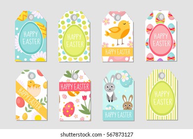 Cute Easter tags set. Labels collection with Easter rabbit, eggs and flowers. Spring templates for your design. Vector illustration