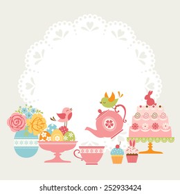 Cute Easter tea party invitation with place for your text.