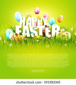 Cute Easter template with colorful eggs in the grass and "Happy Easter" text