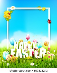 Cute Easter template with colorful eggs in the grass and "Happy Easter" text